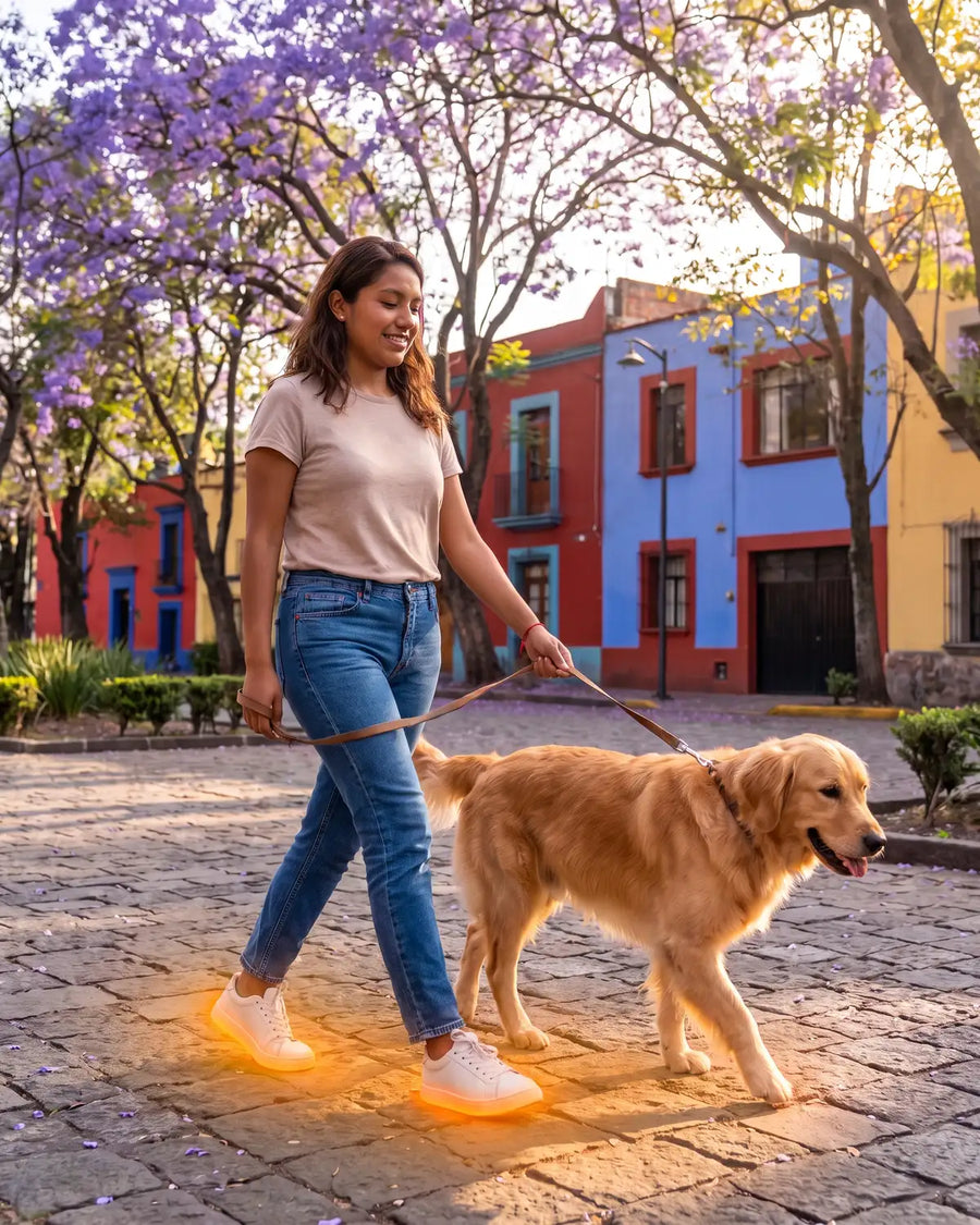 Mujer mexicana paseando a su perro en Coyoacán con plantillas NubePie
