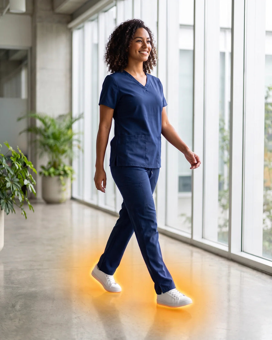 Enfermera mexicana caminando en un hospital con plantillas NubePie
